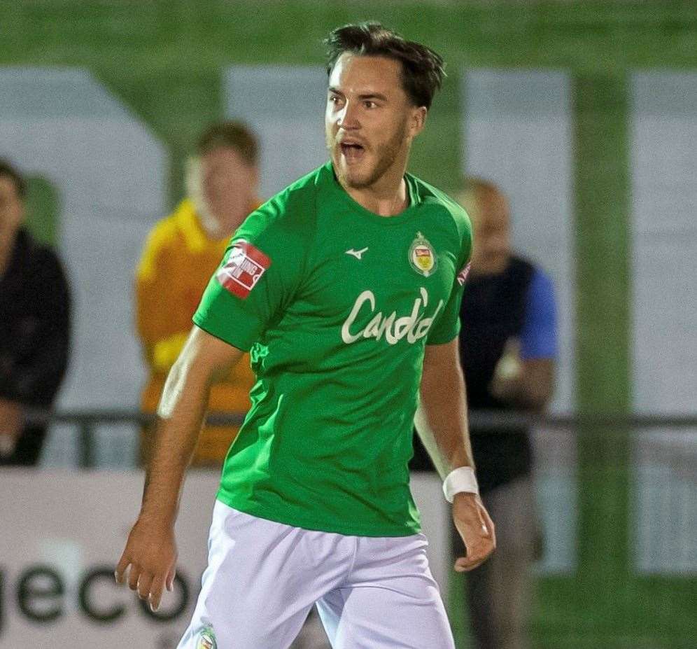 Max Walsh, pictured celebrating scoring for Ashford against Margate earlier this season, has now linked-up with Ben Greenhalgh’s team. Picture: Ian Scammell