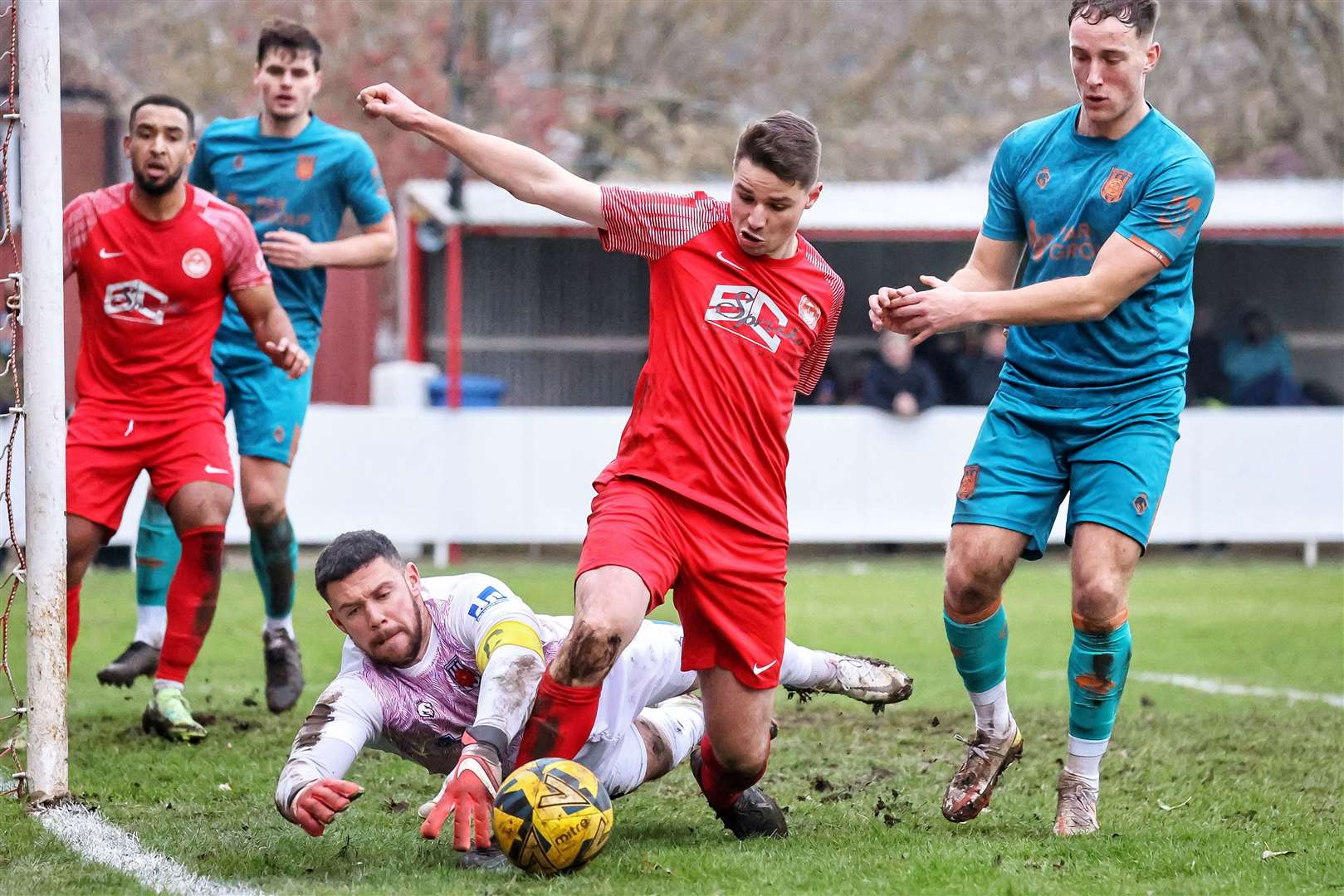 Jake Embery beats Chorley keeper Matt Urwin to the ball. Picture: Helen Cooper