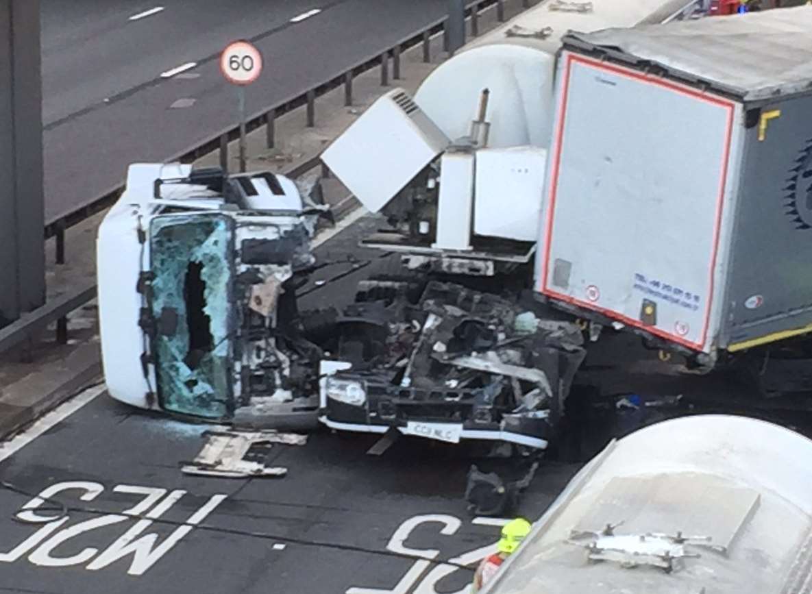 The damaged cabin of one of the lorries. Picture: Scott Jackson