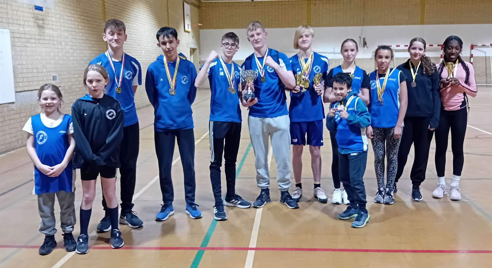 From left, Swale Combined’s Imogen Milgate, Lyla Cork, Tom Riley, Oliver Churcher, Alfie Hughes, Blake Gates, Alfie Walach, Mathis Argivier, Harriet Smith, Oceane Argivier, Millie Rumley and Janelle Boakye