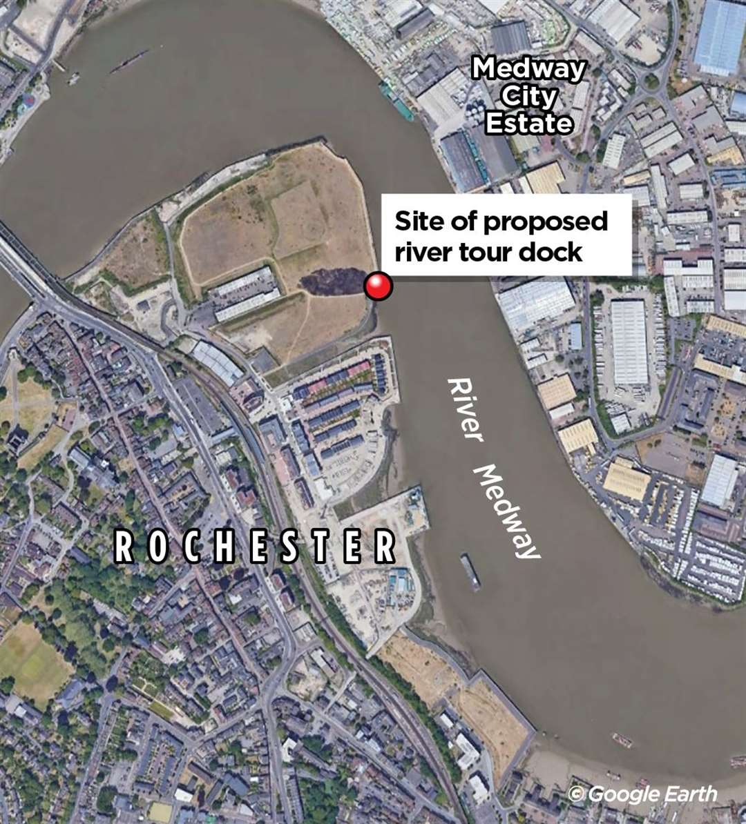 The location of the proposed river tour docking platform on the River Medway