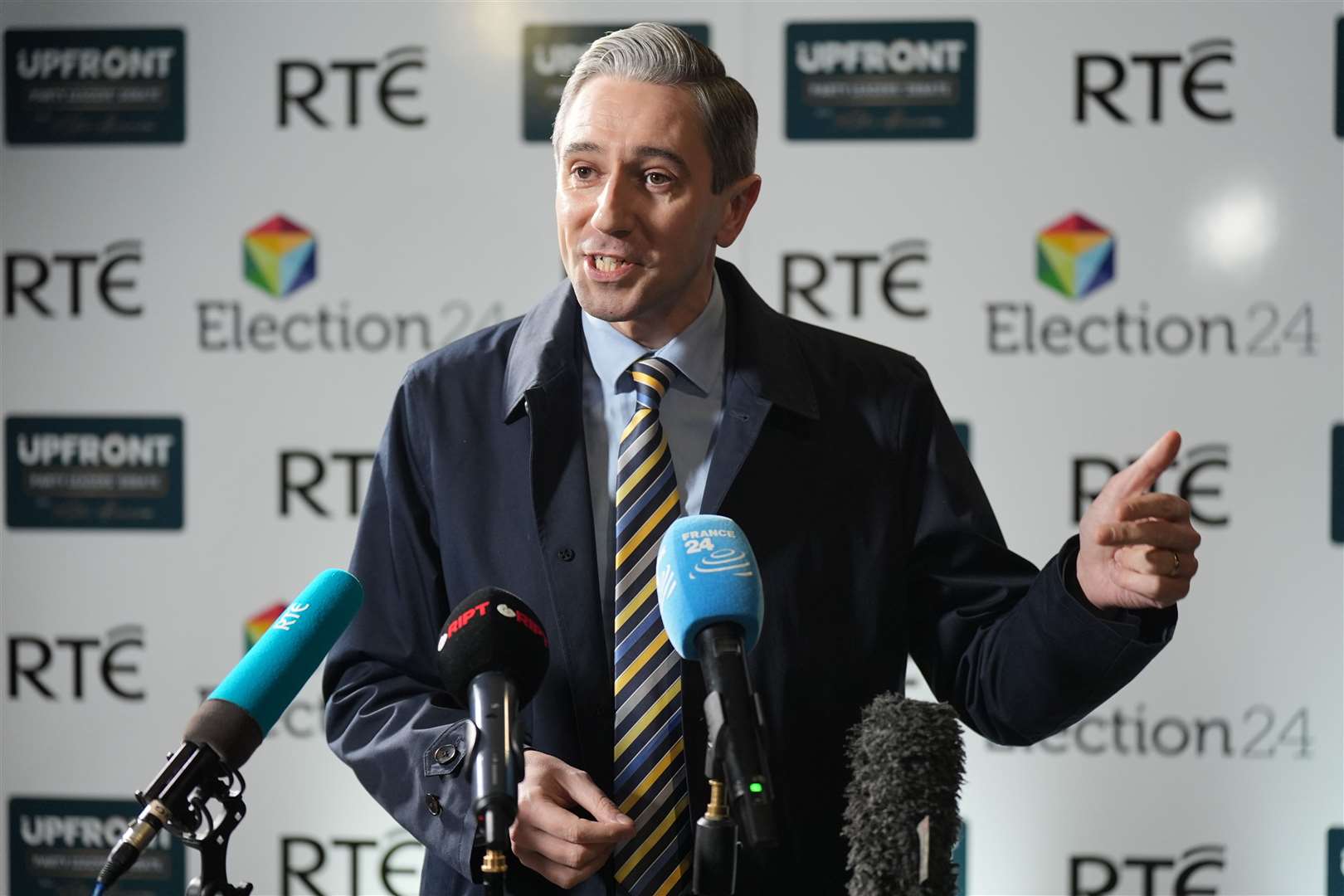 Taoiseach and leader of Fine Gael, Simon Harris arrives for the General Election leaders’ debate at RTE studios in Montrose, Dublin. RTE’s Upfront with Katie Hannon is hosting Ireland’s largest ever leaders’ General Election debate, with 10 political party leaders invited to debate live in the studio. Picture date: Monday November 18, 2024.