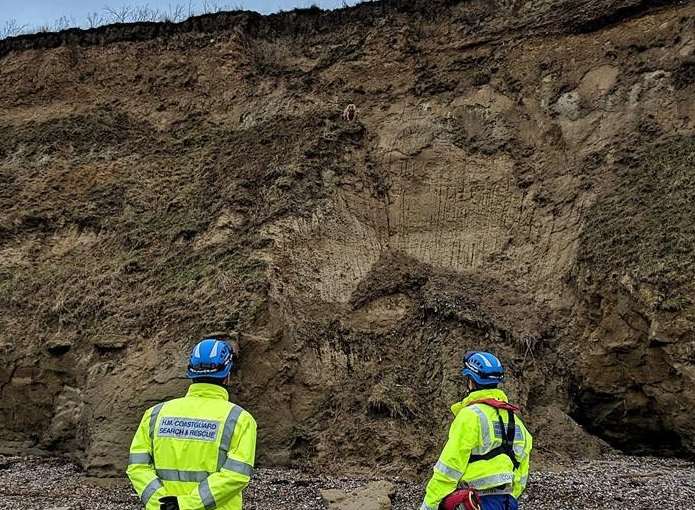 Coastguard officers watch over the stranded dog. Pic: Herne Bay Coastguard