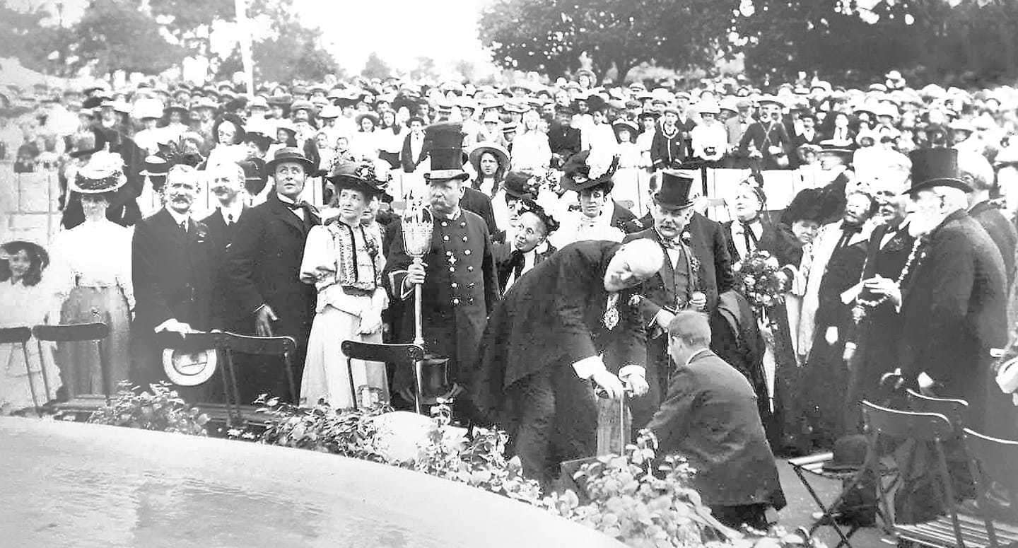 The Major turning on the water to the fountian in 1896. Picture: Frank Leppard