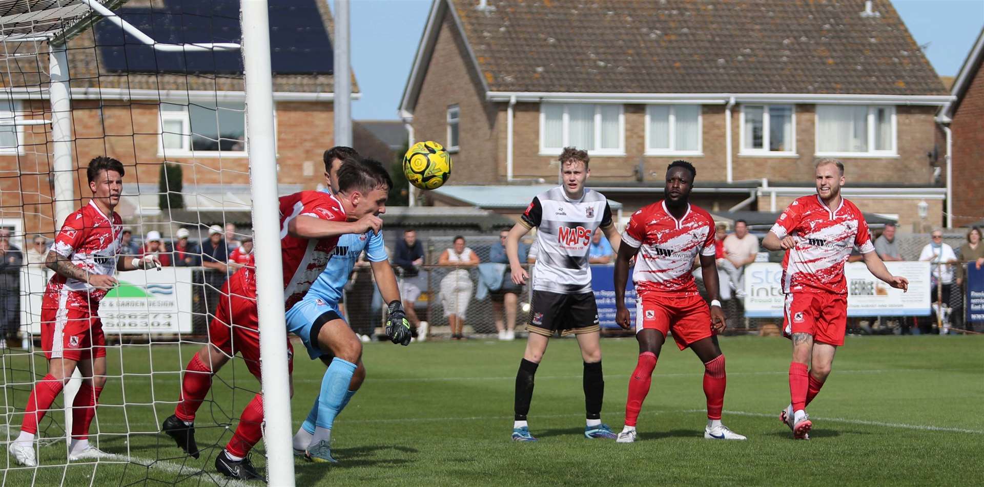 Defender Tom Carlse clears off the goal-line for Ramsgate. Picture: Paul Willmott