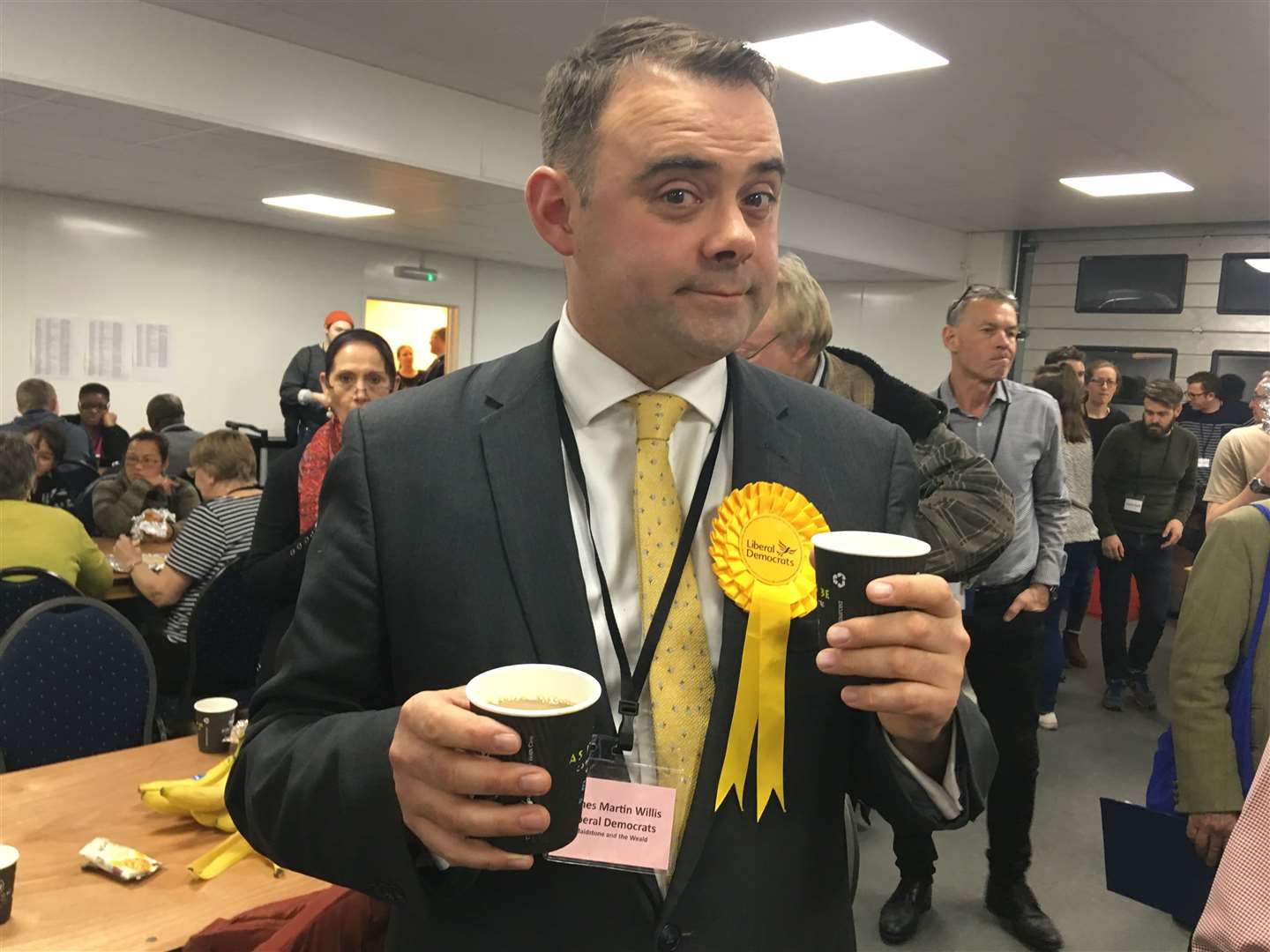 Lib Dem James Willis and his two cups of coffee