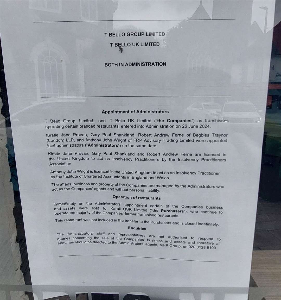 Notices were placed by administrators in the window of Taco Bell in Dartford's High Street. Pic: Chris Cobley