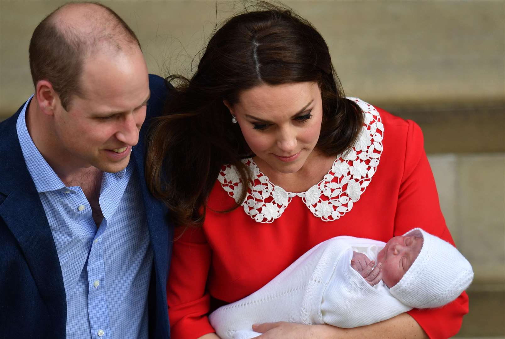 The Duke and Duchess of Cambridge with Prince Louis outside the Lindo Wing at St Mary's Hospital in Paddington, London. John Stillwell/PA Wire.