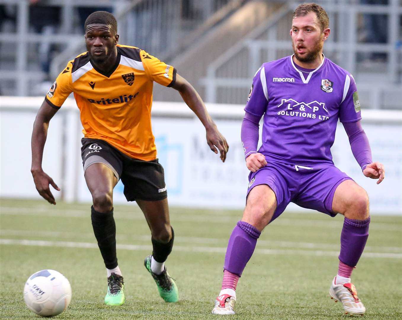 Maidstone's Saidou Khan comes up against Dartford's Ryan Hayes in the FA Trophy on Saturday. Picture: Matthew Walker FM22365593