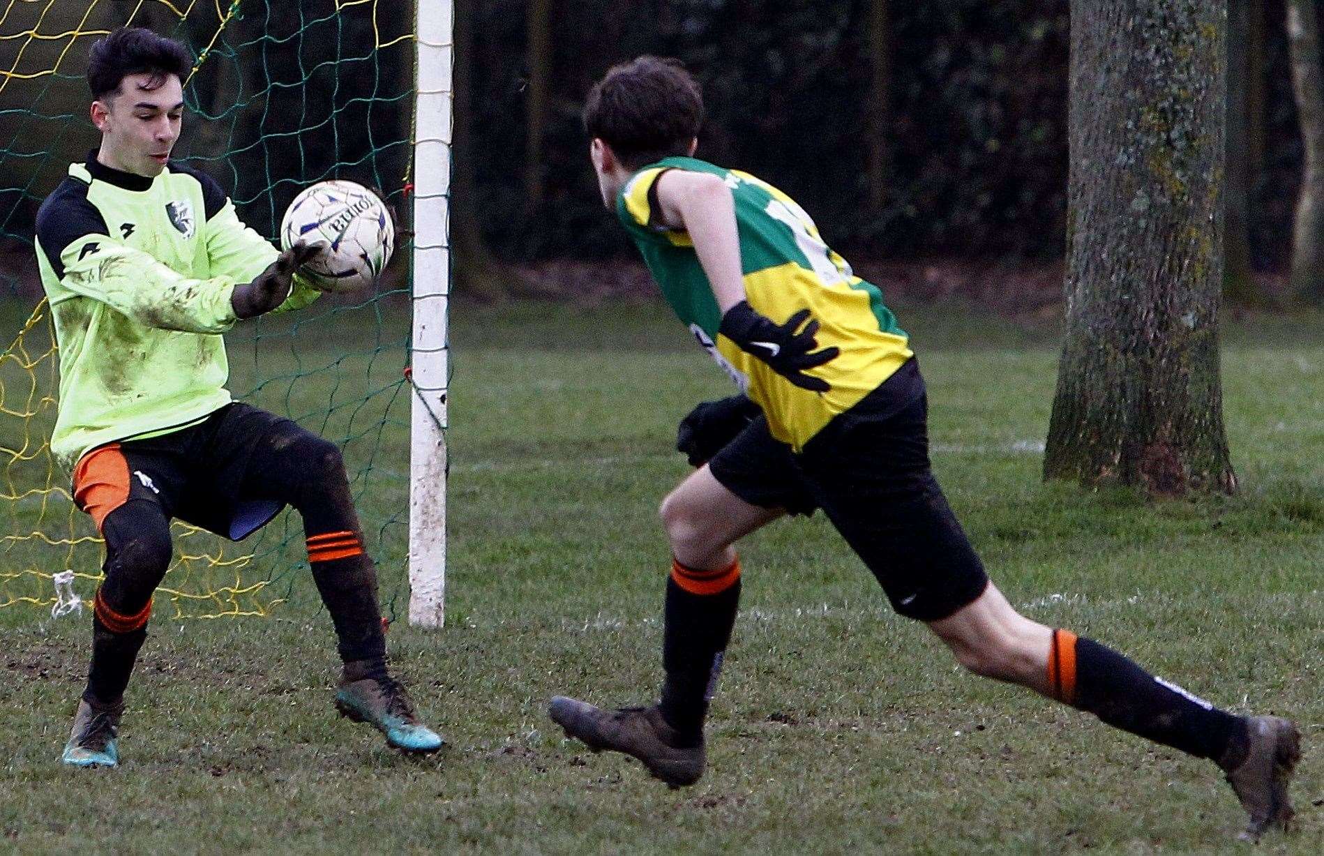 The Pegasus 81 Flyers under-18s keeper makes a save against Pegasus 81 Colts under-18s. Picture: Sean Aidan FM27673615