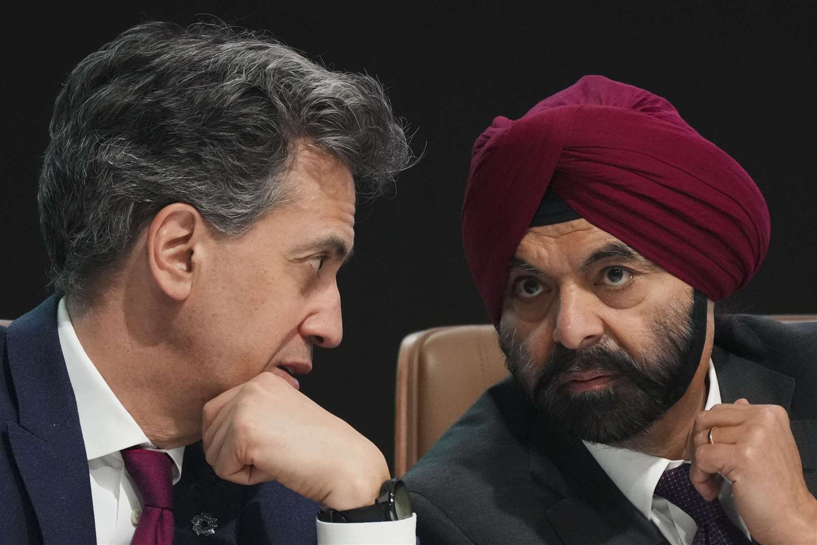 Ajay Banga, World Bank president, right, and Energy Secretary Ed Miliband speaking during a methane summit at Cop29 (AP Photo/Sergei Grits)