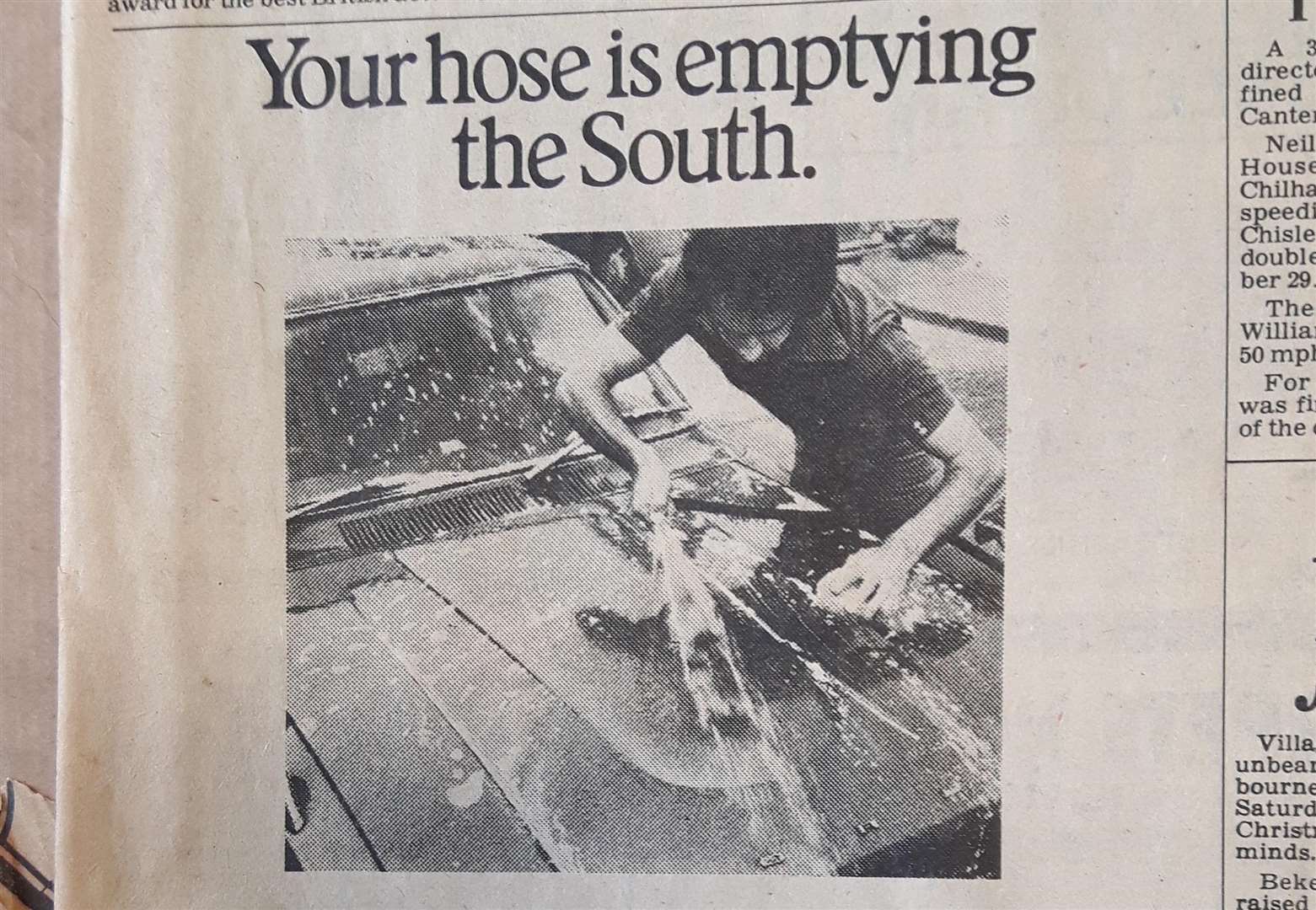 A cutting from the Kentish Gazette in July 1976. Southern Water authority advert due to the drought