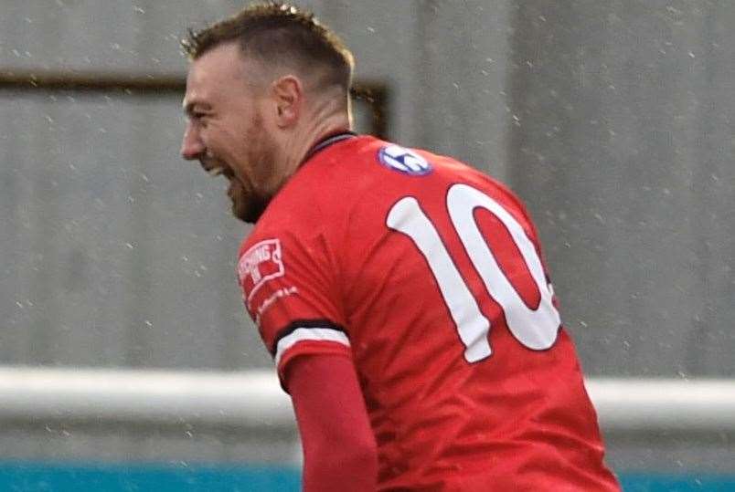 Freddie Sears celebrates scoring for Chatham Town against Whitehawk last weekend Picture: Ian Scammell