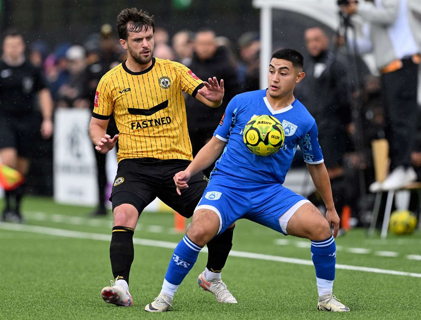 Tonbridge midfielder Jeremy Santos is closed down. Picture; Keith Gillard