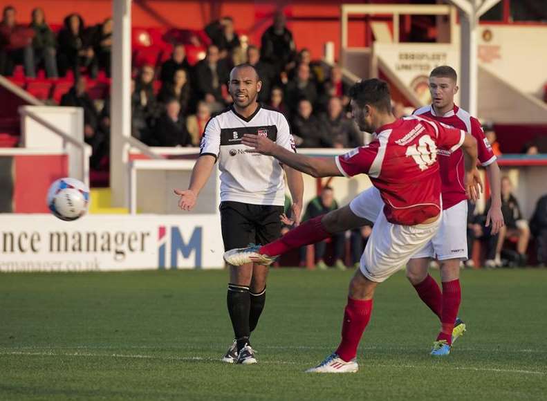 Michael Thalassitis scores against Bromley in the FA Trophy Picture: Andy Payton