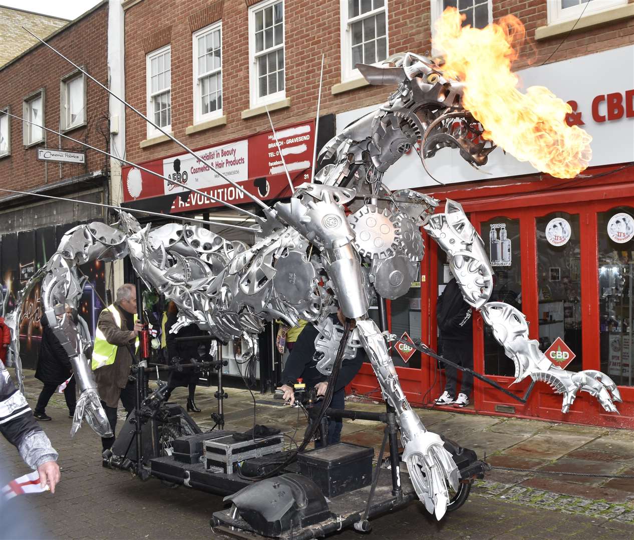 A mechanical dragon breathing fire. Picture: Jason Arthur