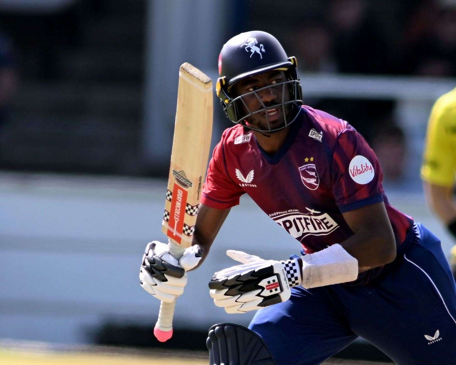 Tawanda Muyeye - hit 45 from 26 balls for Kent Spitfires but their total of 115 all out was well short as they were beaten by 88 runs by Sussex Sharks on Friday night. Picture: Barry Goodwin