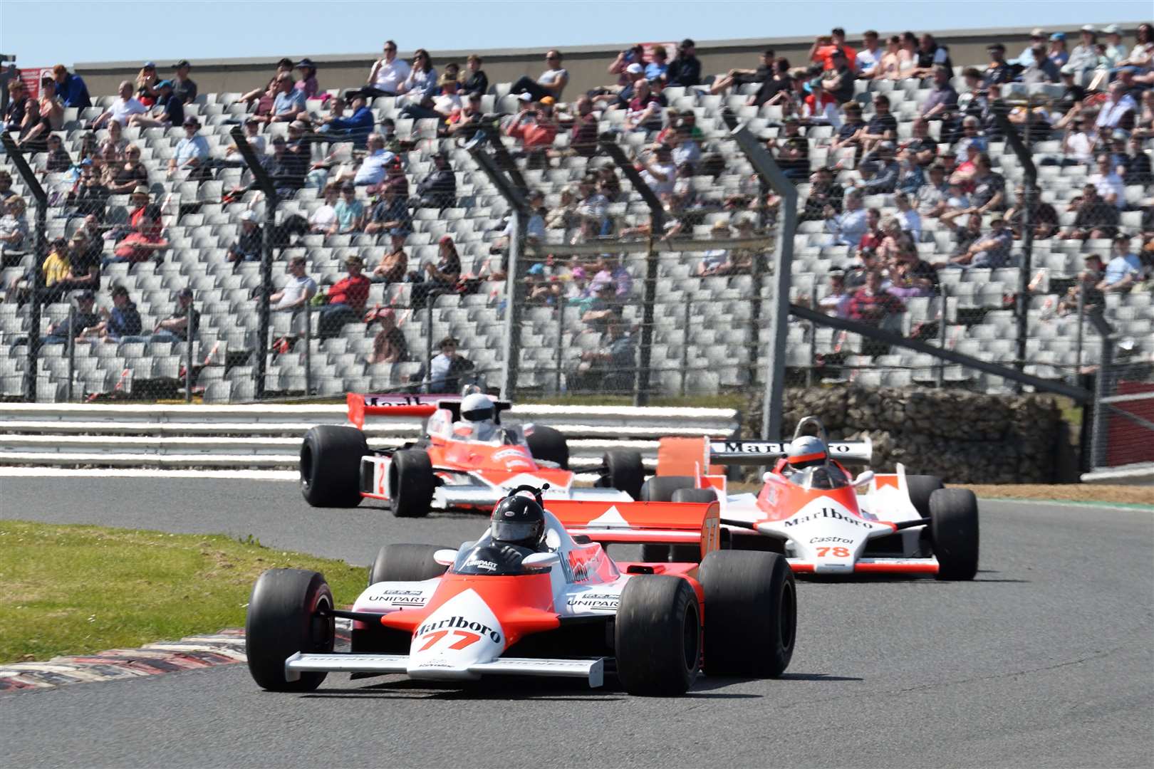 Steve Hartley (77), won both Historic Formula 1 races, in his 1982 McLaren MP4/1. Picture: Simon Hildrew