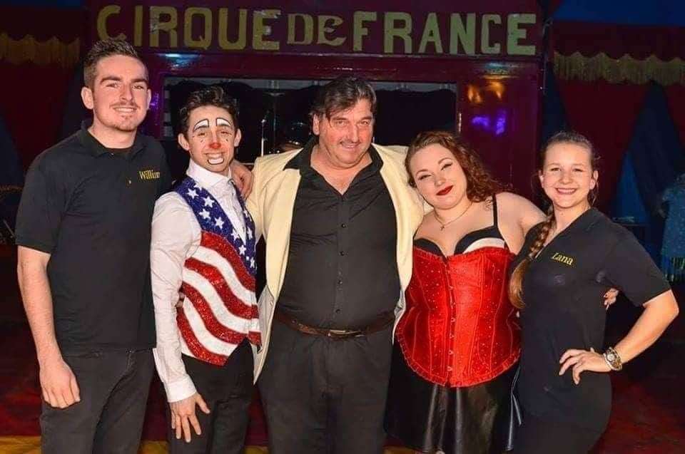 Santus Circus co-owner Roger Santus, centre, in the ring with his children, from the left, Will Barrett, Lucien Santus, Ruby Santus and Lana Sharp