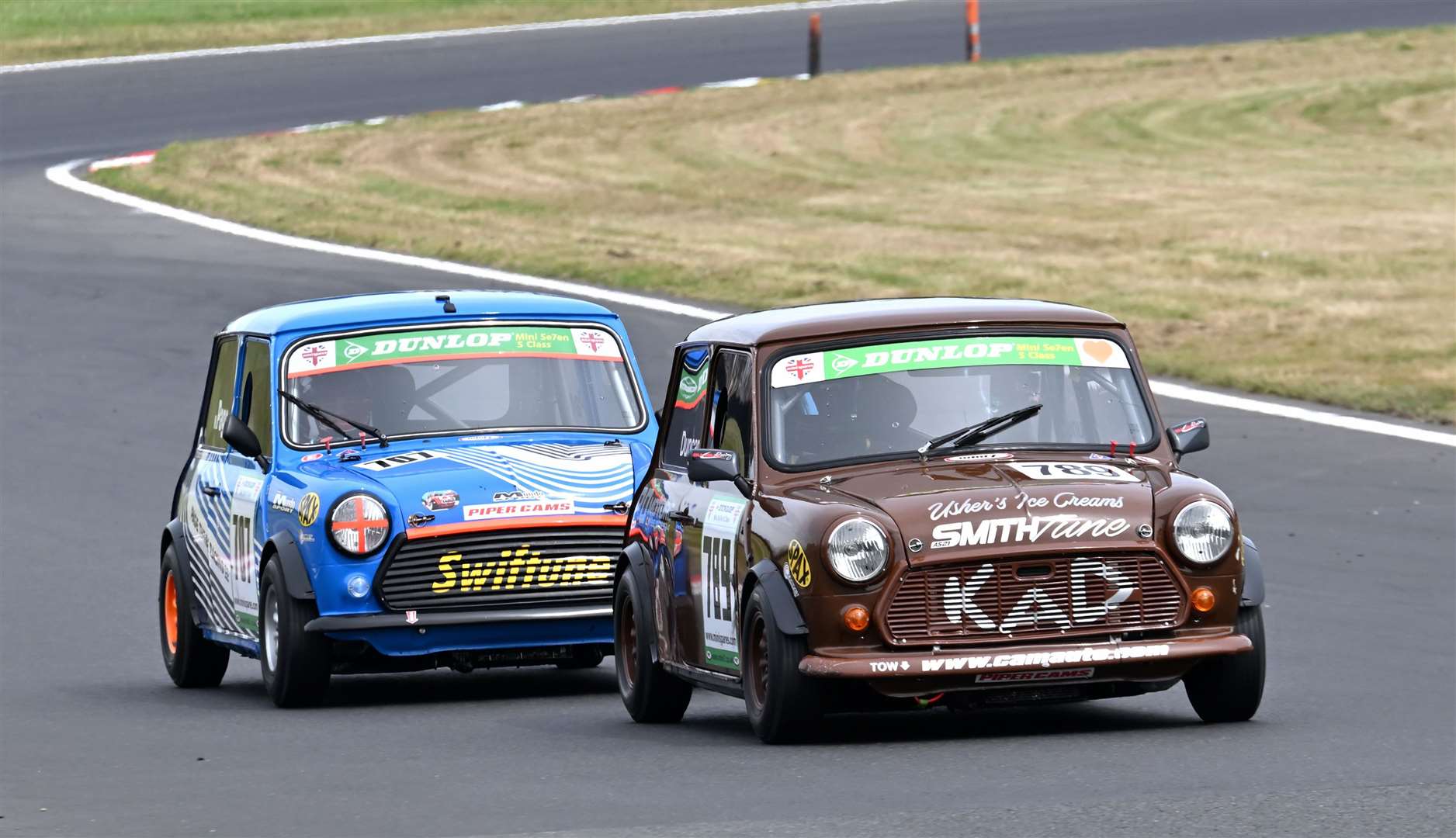 Arnold Duncan, from Lydd, scored two fifth-place finishes and an 11th in the Mini Se7en S class. He’s leading Matthew Page, from Cranbrook, who scored a best result of second in the category. Hamstreet’s Phil Anning, of Annings Race and Restoration, took a podium finish in race three aboard his newly built car. Picture: Simon Hildrew