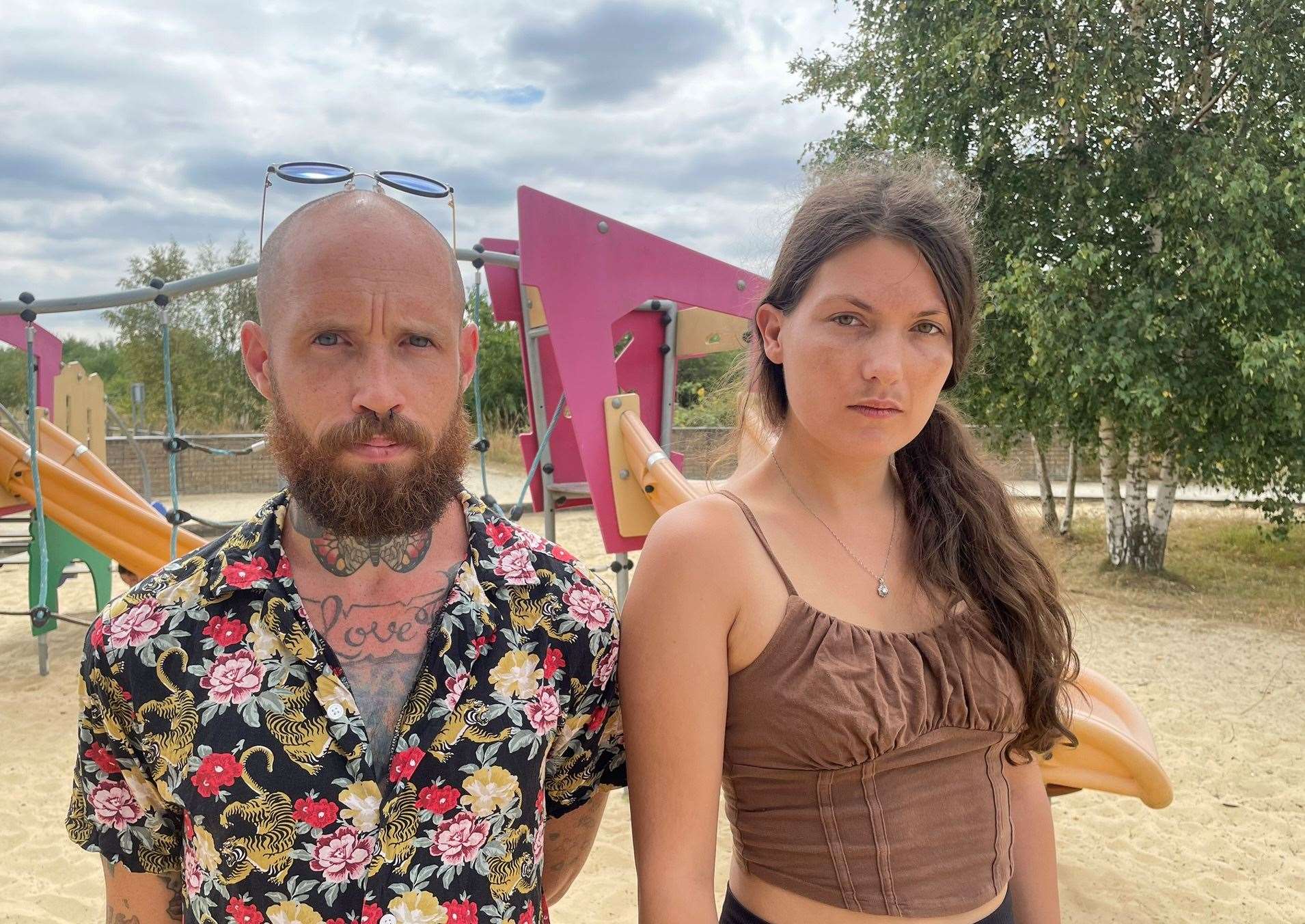 Nelson Osborne and Zoe Bonner in Milton Creek Country Park sandpit where children discovered a knife. Picture: Joe Crossley