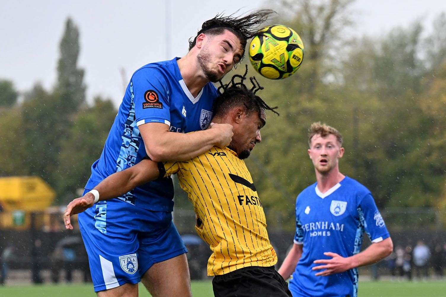 Tonbridge defender Jamie Fielding heads clear at Cray Wanderers on Saturday. Picture: Keith Gillard