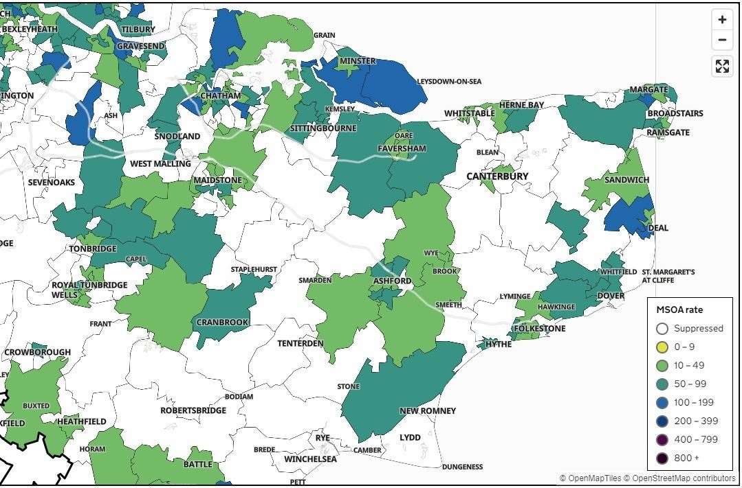 A map showing the latest infection rates in Kent - the areas marked white have had fewer than three cases in the last seven day period. (44926425)