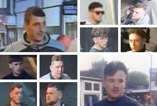 The 10 men caught on camera in the Sheerness High Street following a disturbance. Picture: Kent Police