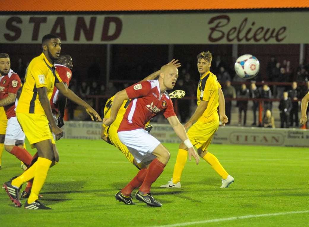 Kenny Clark tries to get on the end of a set-piece in the Eastbourne area Picture: Steve Crispe