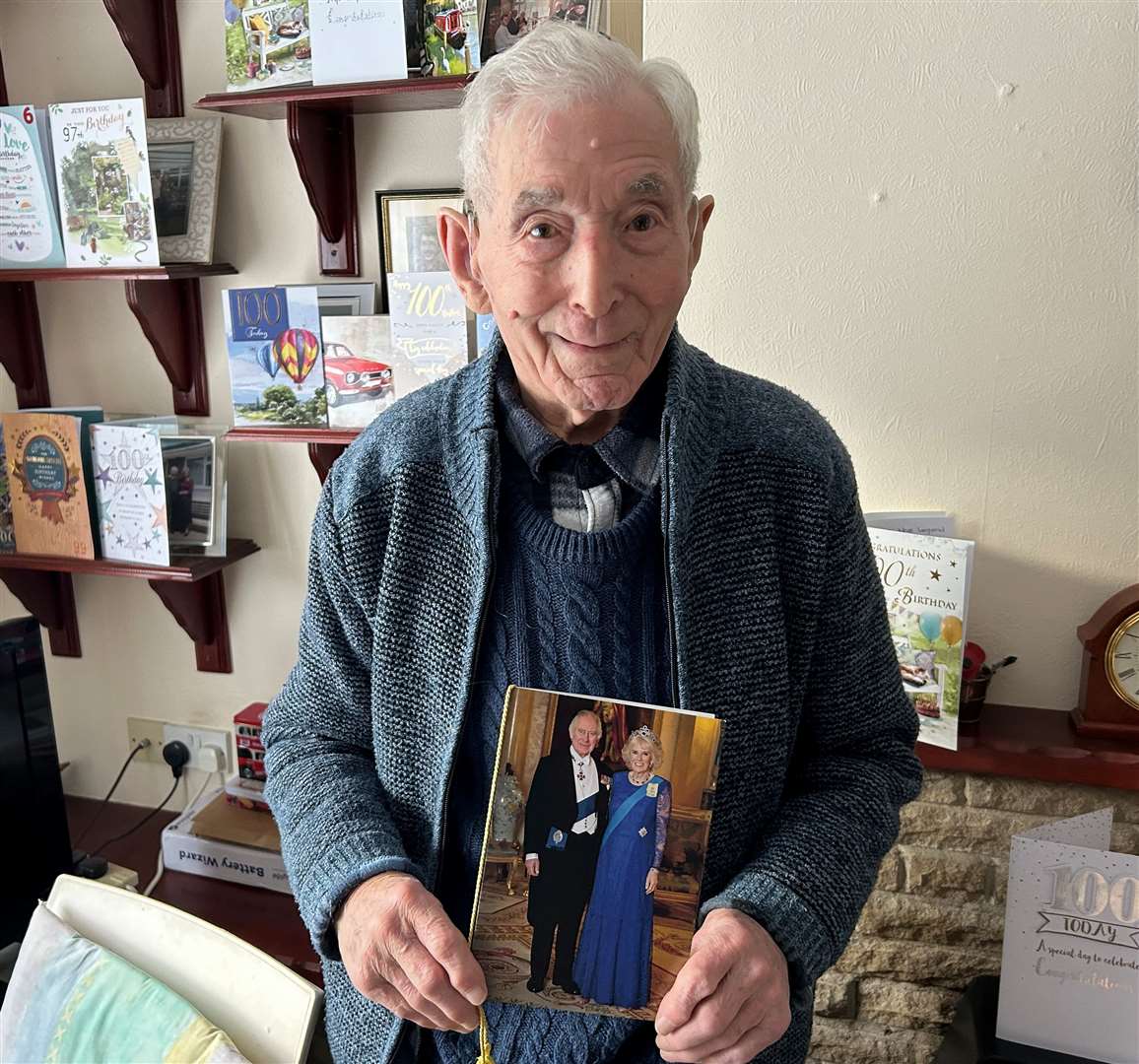 Eric Dixon with his birthday card from the King and Queen