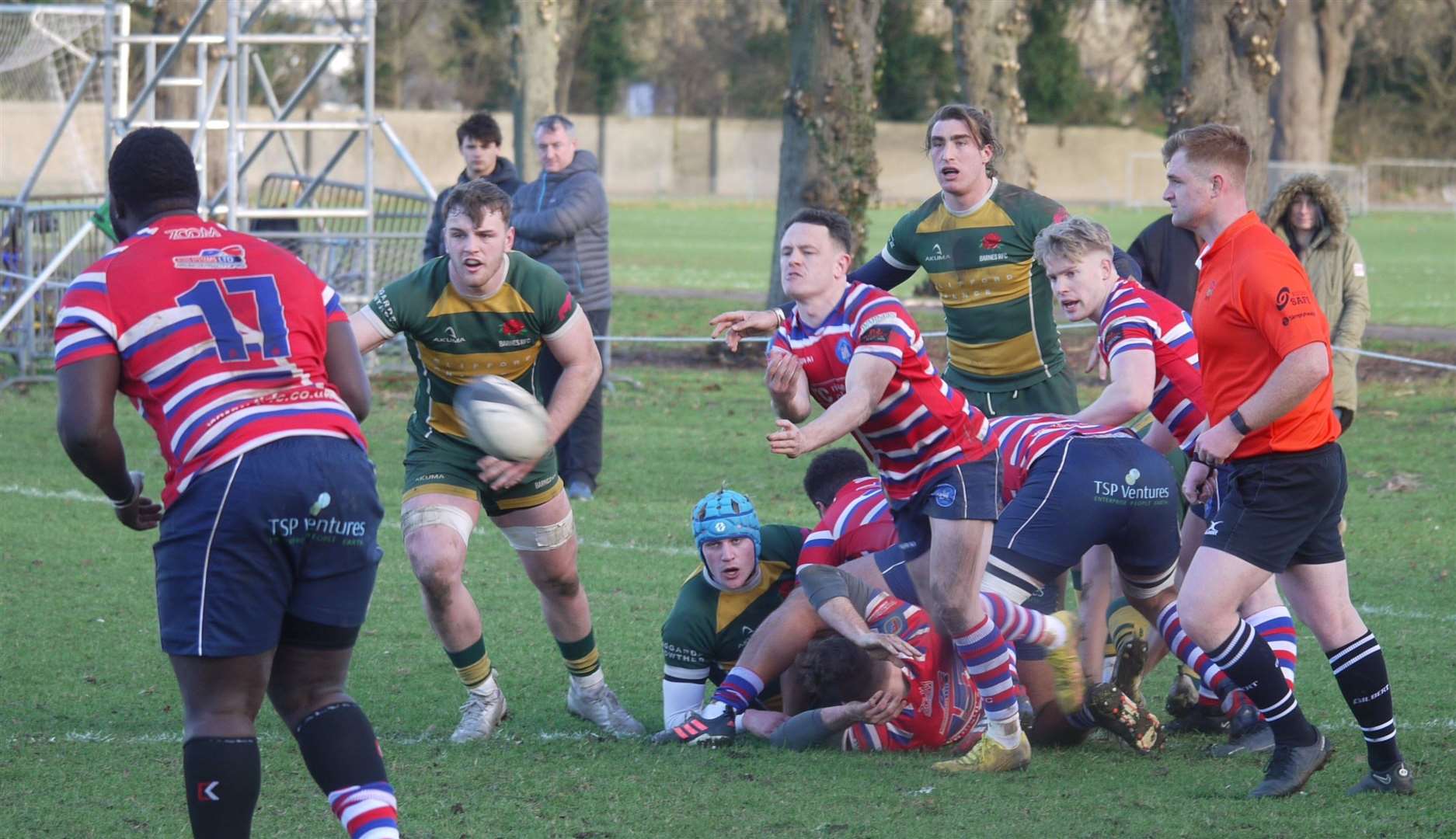 Tonbridge Juddians' Matt Walsh looks for a teammate at Barnes. Picture: Adam Hookway