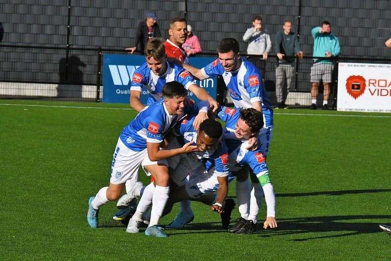 Sheppey celebrate scoring the second goal in a 2-1 win at Ramsgate Picture: Marc Richards