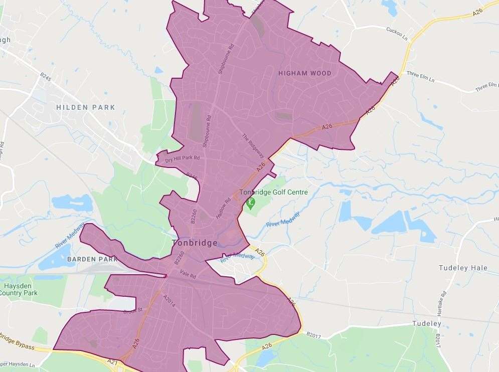 The extent of the new 20mph zone to be implemented in Tonbridge and surrounding areas