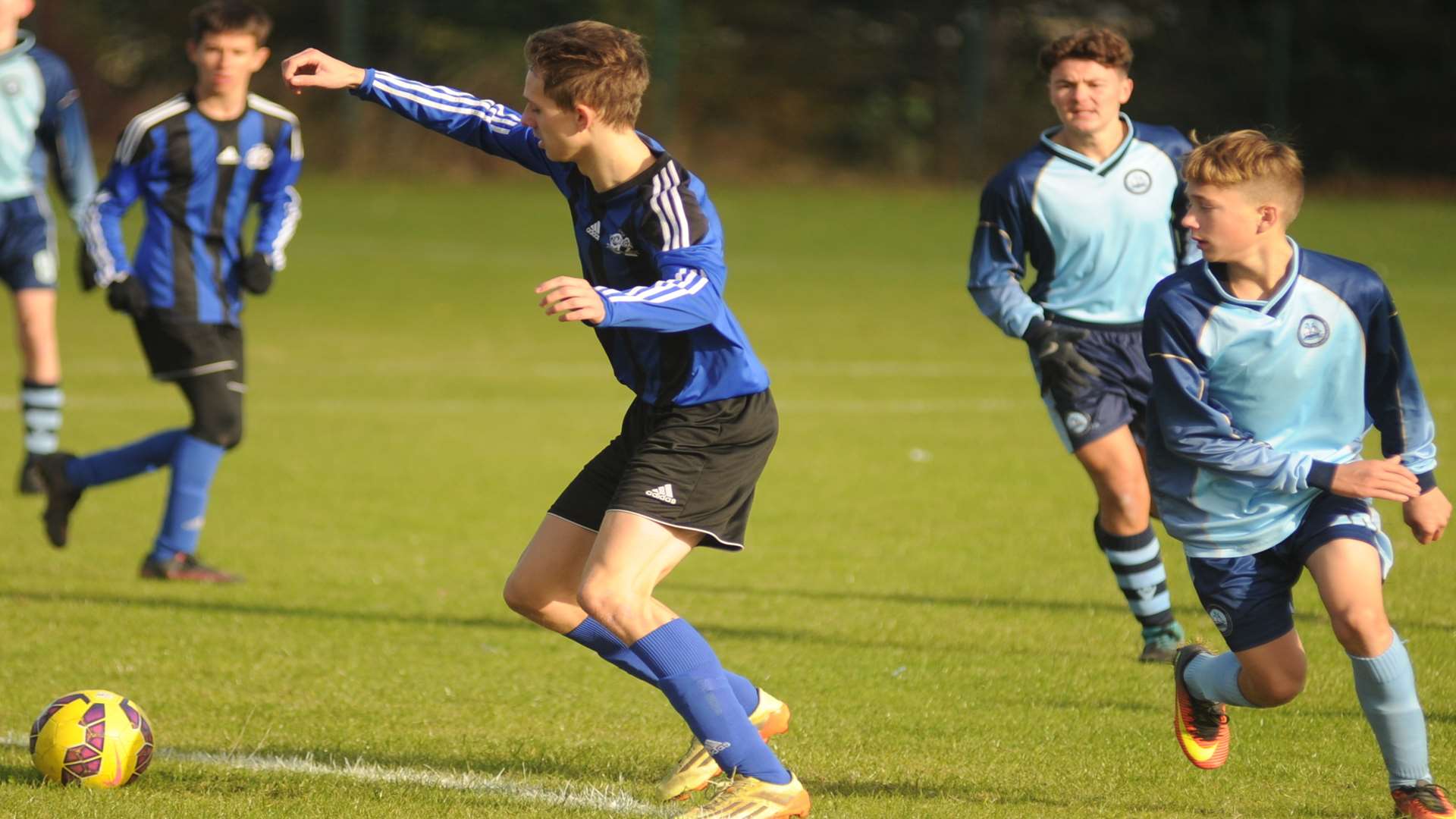 Omega 92 under-16s (stripes) up against Riverview United in Division 2 Picture: Steve Crispe