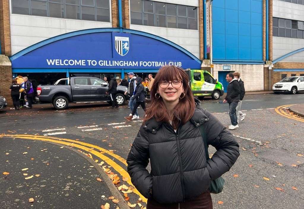 Reporter Cara Simmonds at Priestfield Stadium, home to Gillingham Football Club