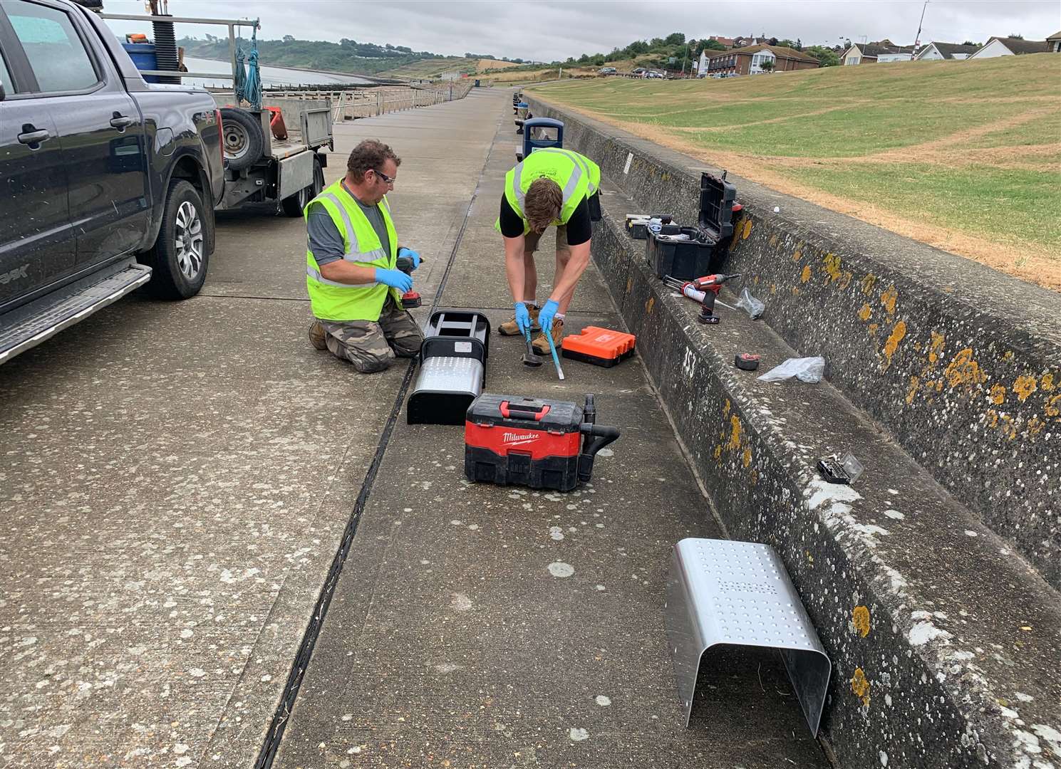 Workmen installing the new outdoor gym equipment at The Leas in Minster, Sheppey