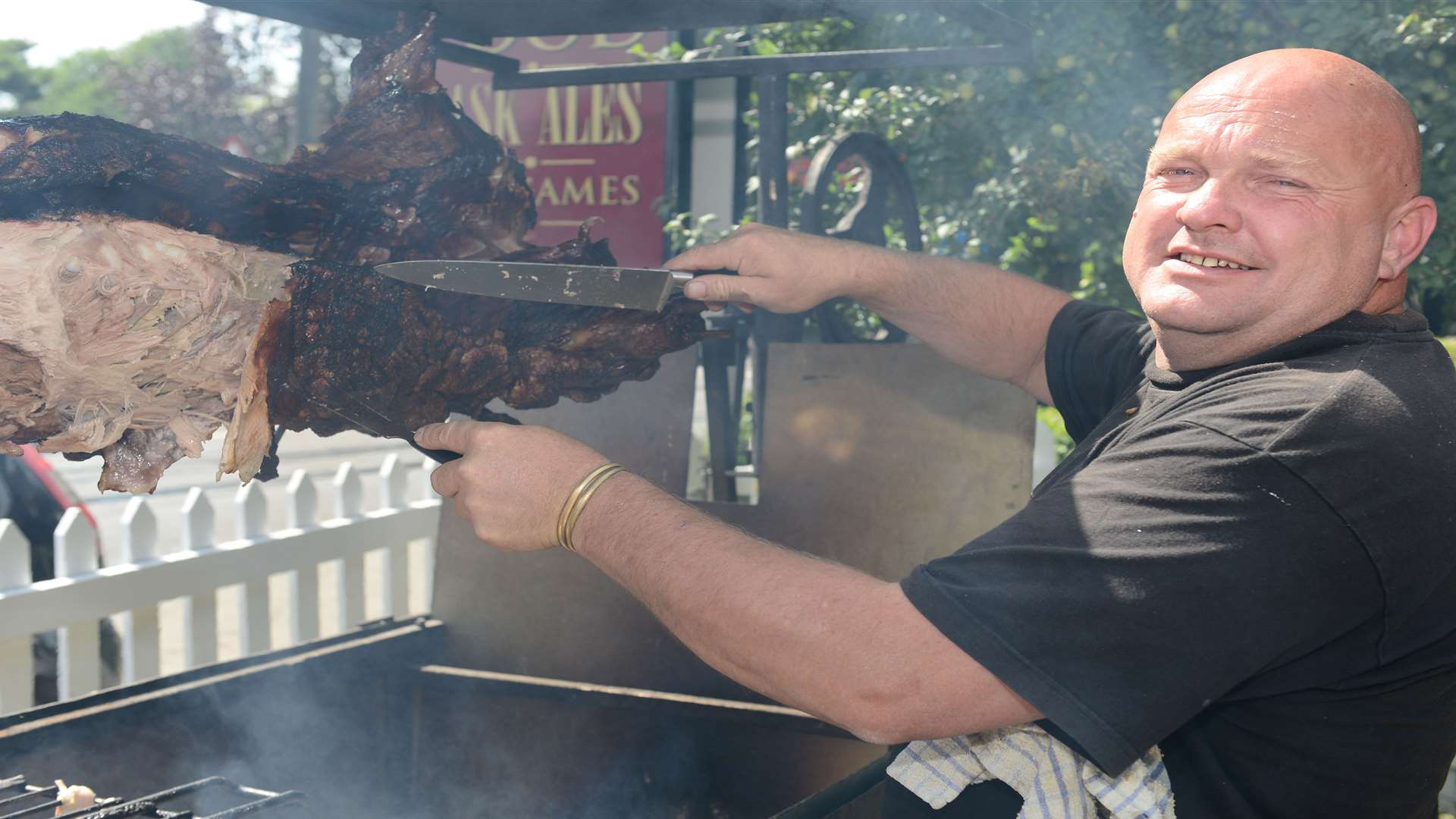 Rob Dallen with the hog roast at the Six Bells in Woodchurch