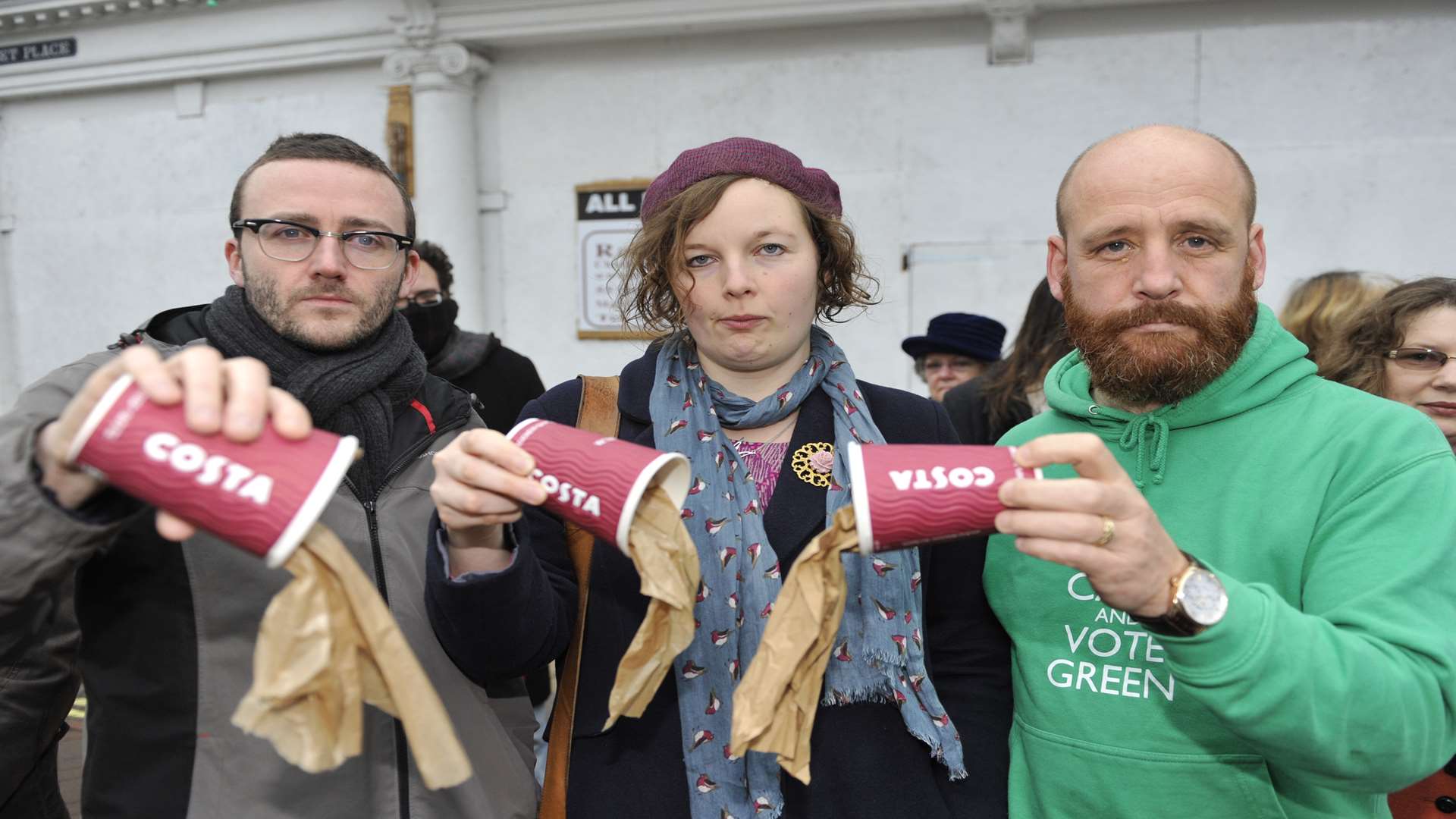 Gavin McGregor, Tina Hagger and Gary Miller pour away their Costa