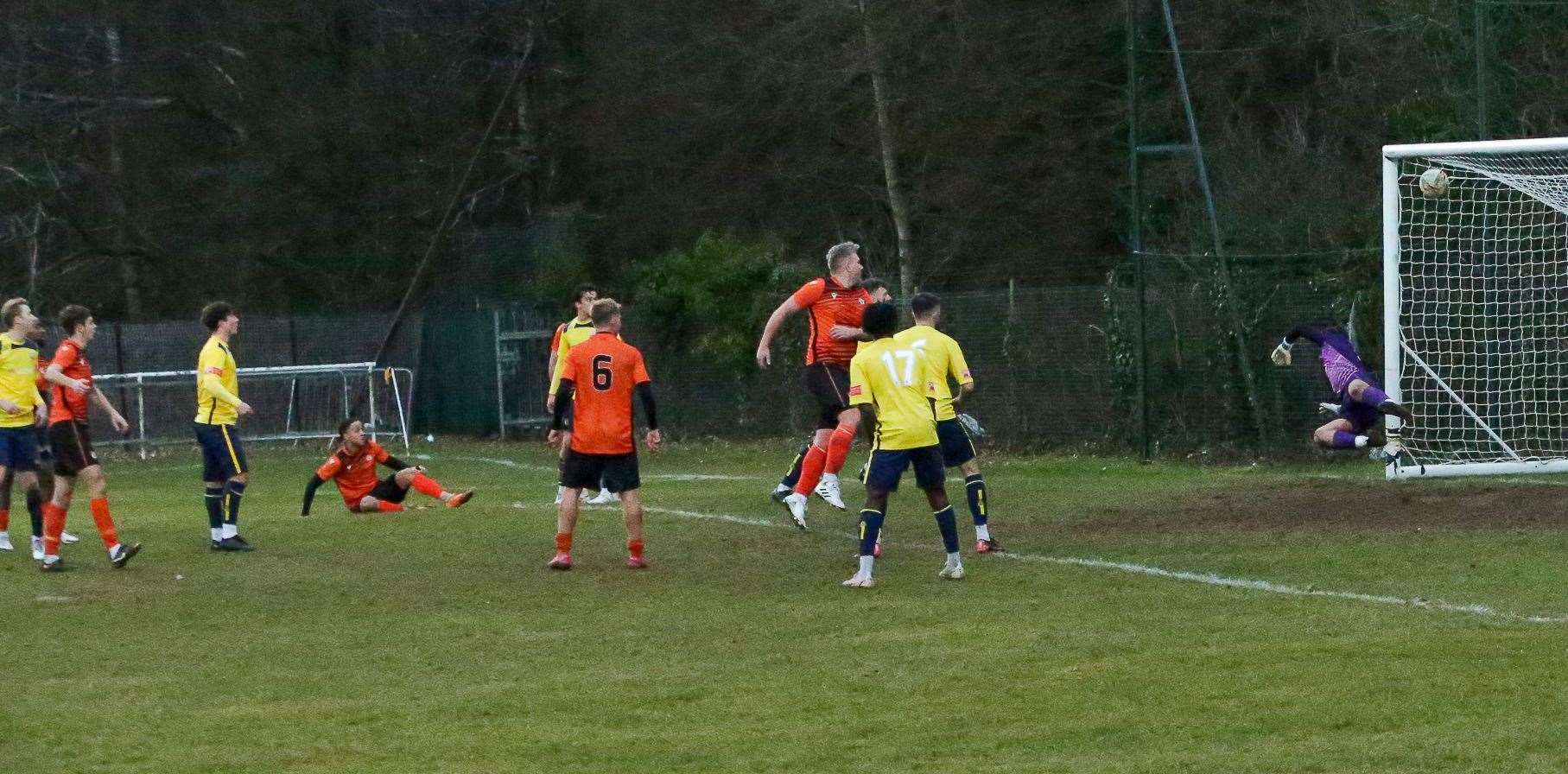 Gus Barnes scores a late goal for Whitstable Town in defeat at Lordswood Picture: Les Biggs