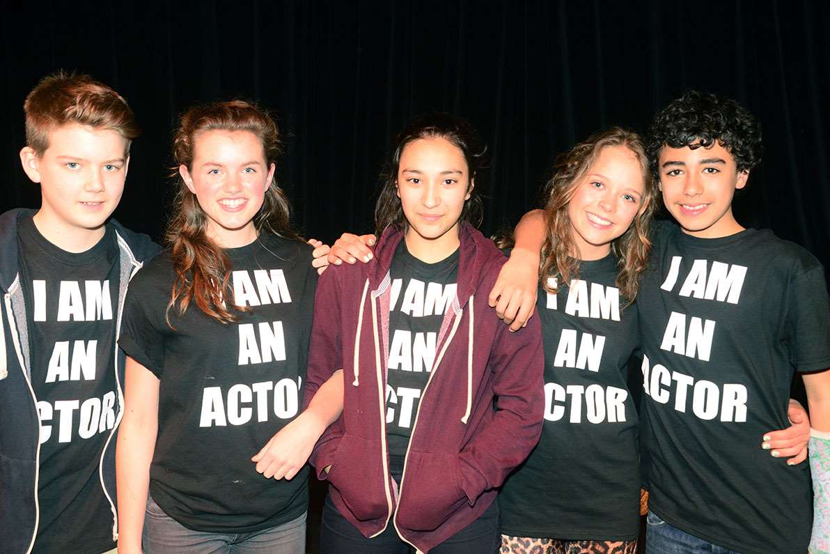 Cast from Fugee at the Marlowe Theatre, Canterbury (l-r Lucas Hodder-Jones as Kojo, Sophie Burton as Ara, Priya Brown as Cheung, Alice Scharmeli as Rosa and Seb Velarde-Rogers as Hassan)