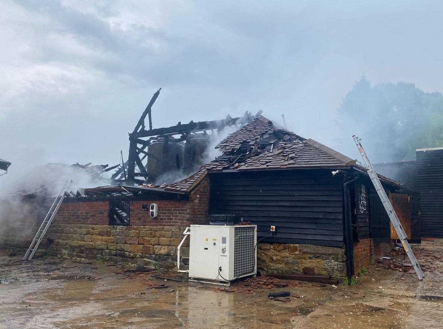 The damaged building after it was struck by lightning