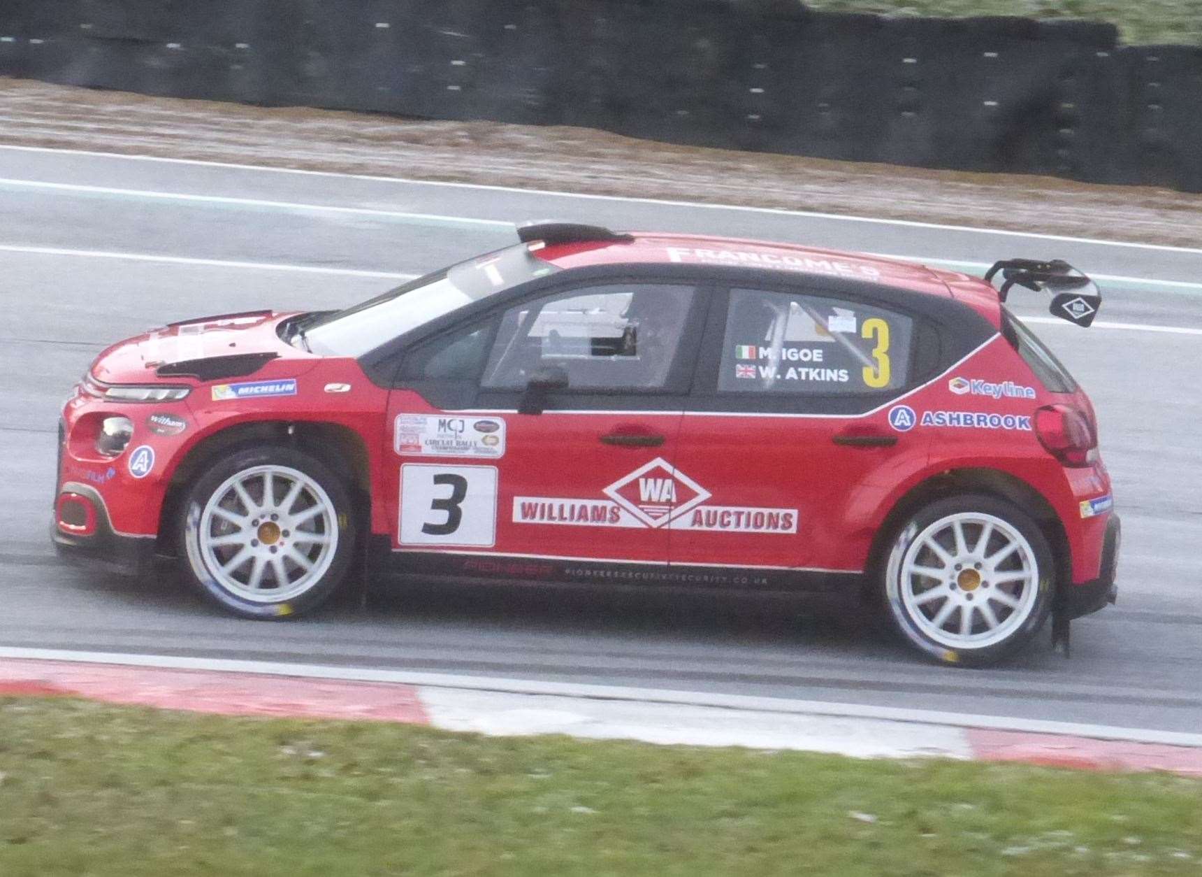 Michael Igoe and Will Atkins round Druids on a frosty first stage in the Brands Hatch Winter Stages. Picture: Vic Wright