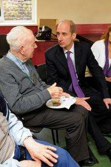 Lord Adonis chats to Kevin O'Daly, left, and Geraldine Feltham