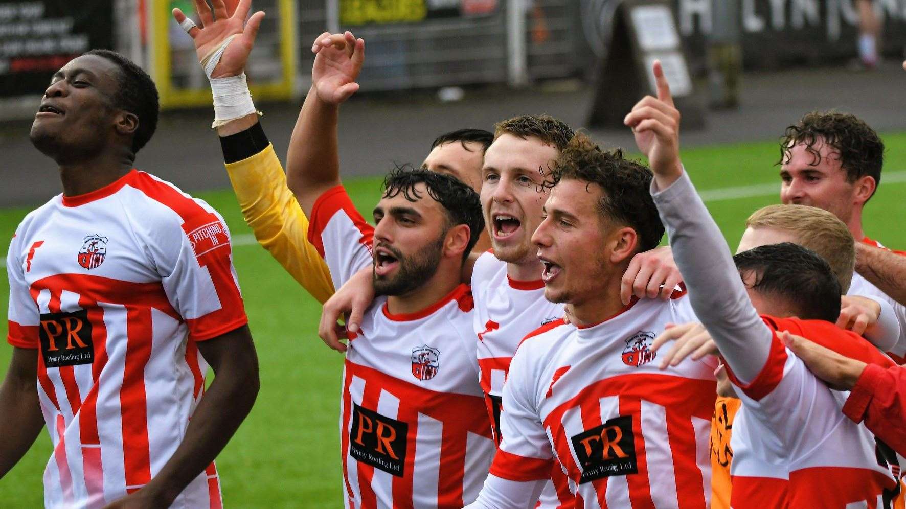 Sheppey United’s history-makers celebrate after they win 4-1 at Merthyr Town on Saturday in the Third Qualifying Round of the FA Cup. Picture: Marc Richards