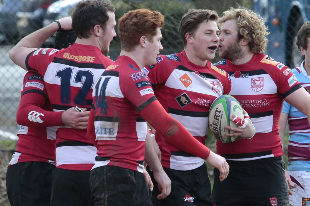 Maidstone celebrate James Douglas' try during their Intermediate Cup regional final win over Chiswick Picture: Martin Apps