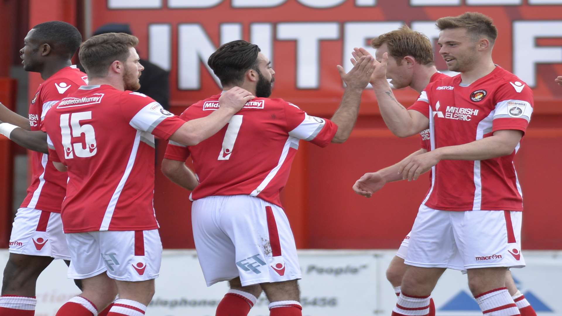 Ebbsfleet's players celebrate with goalscorer Matt Godden (right) Picture: Ruth Cuerden