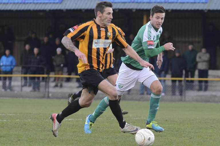 Paul Booth in action for Folkestone against Leatherhead Picture: Gary Browne