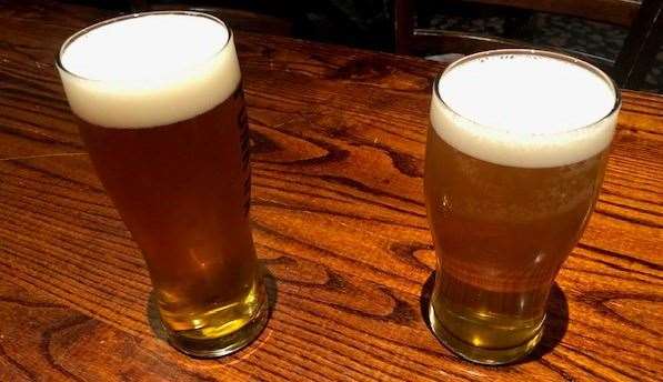 Poured with similar heads, the pint on the right is my Cowcatcher, the Apprentice’s Punk IPA was served in a taller glass