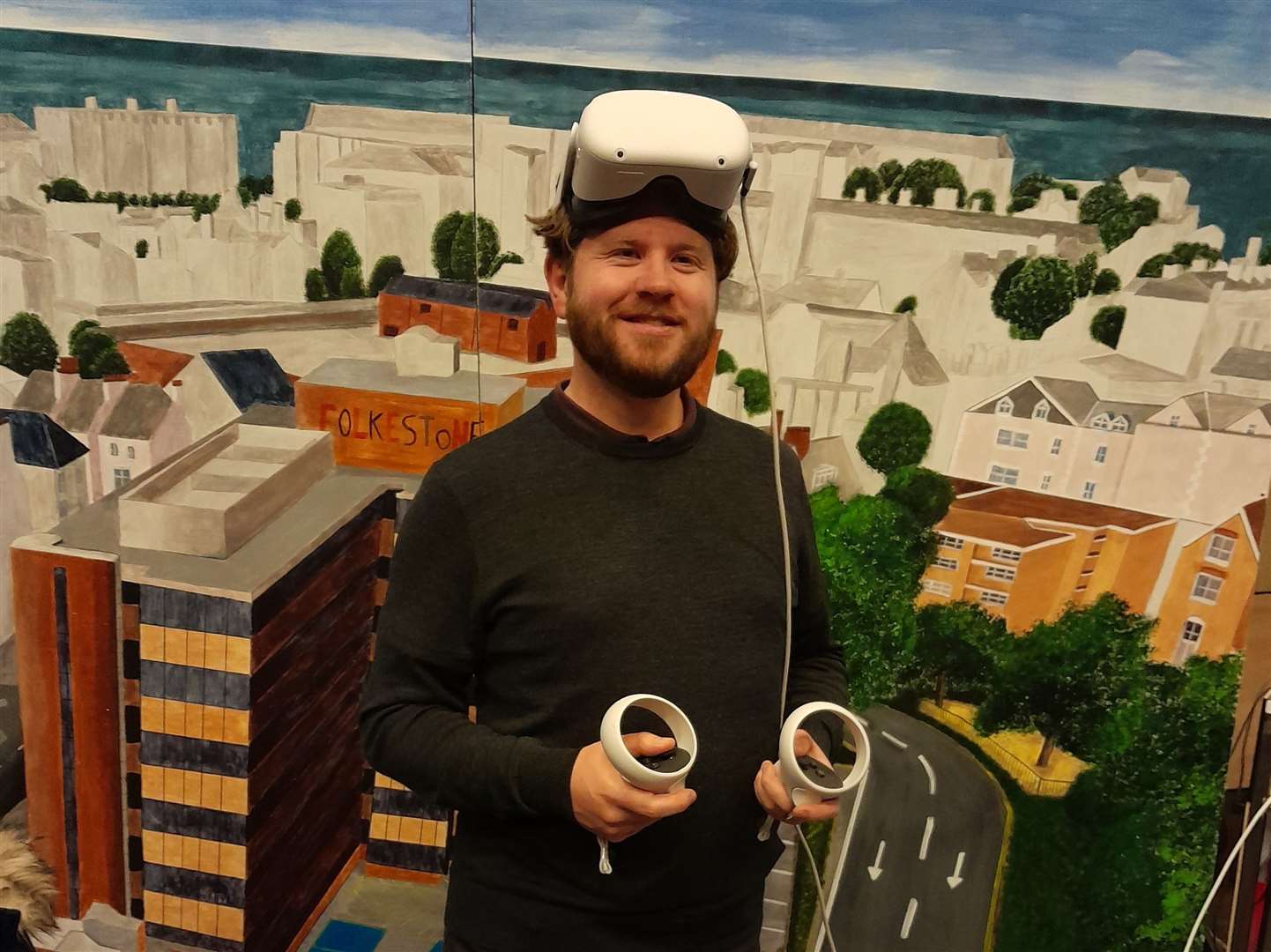 Reporter Rhys Griffiths gets kitted out for the VR flight over Folkestone. Picture: Folkestone & Hythe District Council