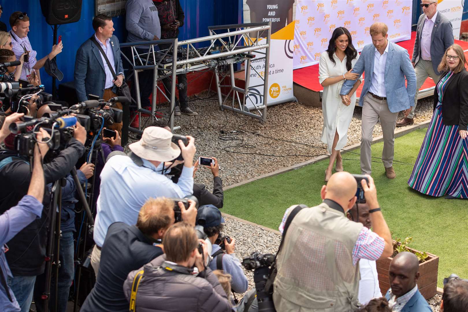 The Duke and Duchess of Sussex depart after a visit to the Tembisa township in Johannesburg during their tour of South Africa (Dominic Lipinski/PA)